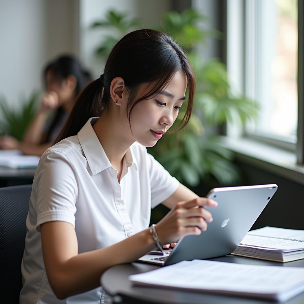 Học viên đang luyện tập IELTS Reading với đề thi về Digital Marketing trên máy tính bảng