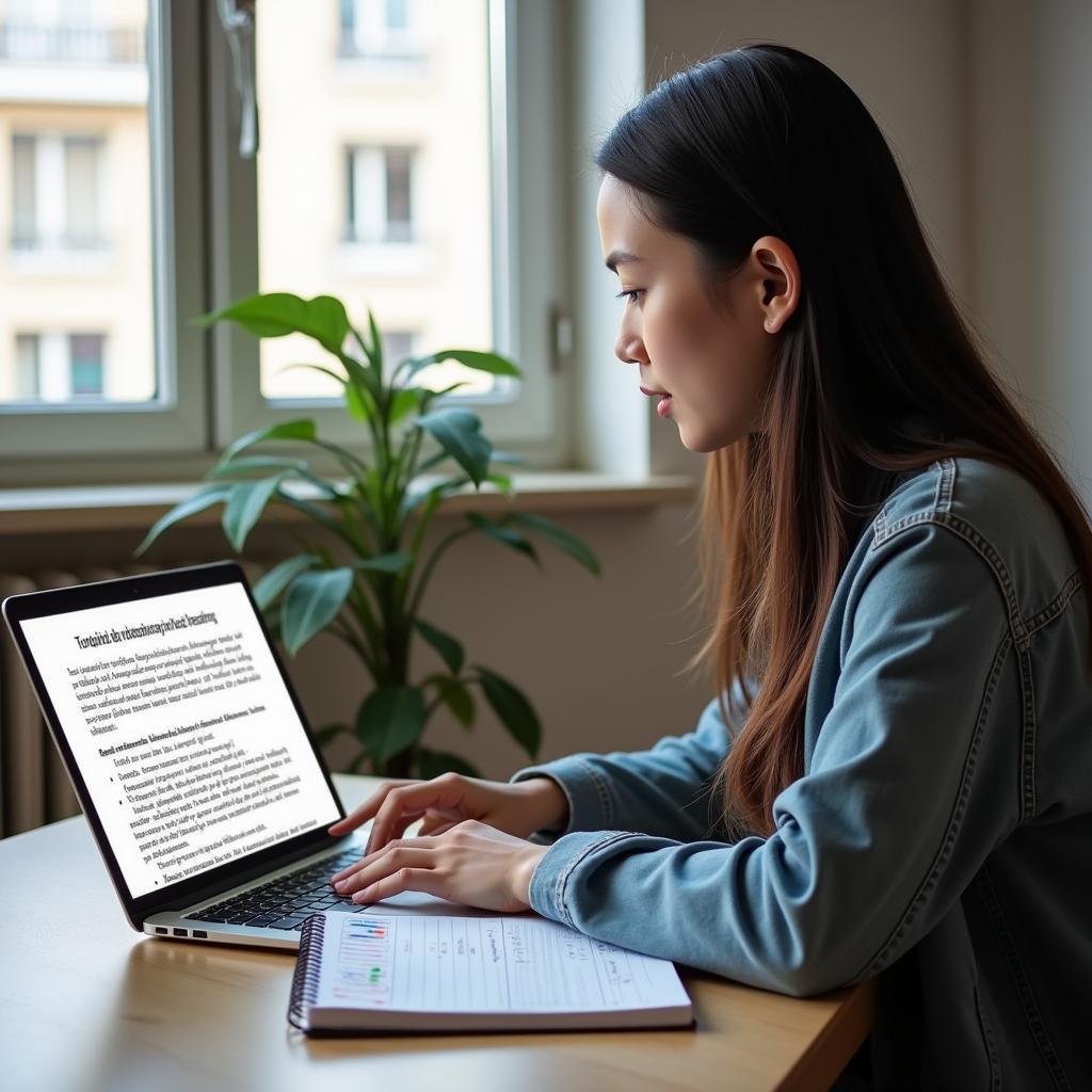 Học viên IELTS đang luyện tập làm bài Reading về chủ đề storytelling trong giáo dục lãnh đạo với tài liệu và máy tính