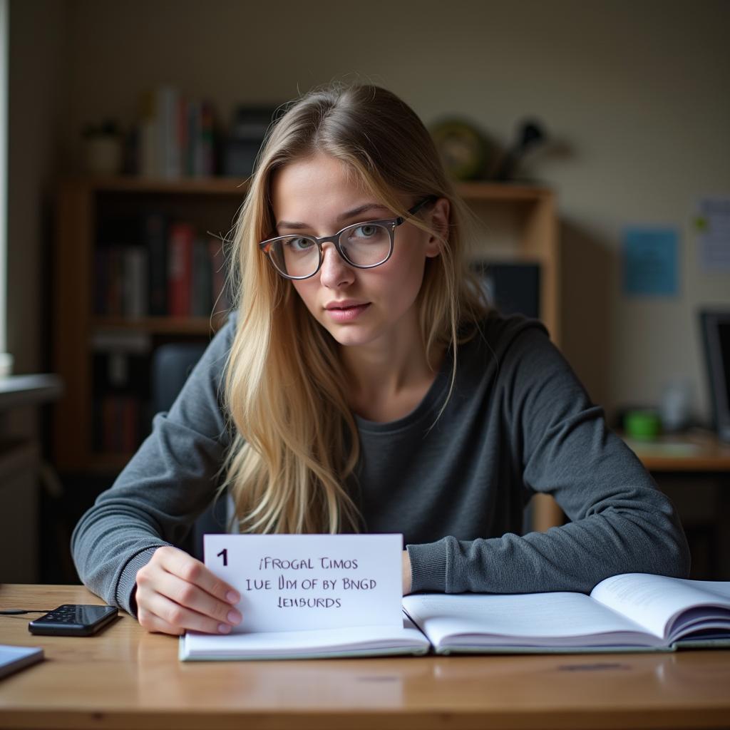 Thí sinh IELTS đang thực hành trả lời phần Cue Card với ghi chú và đồng hồ bấm giờ