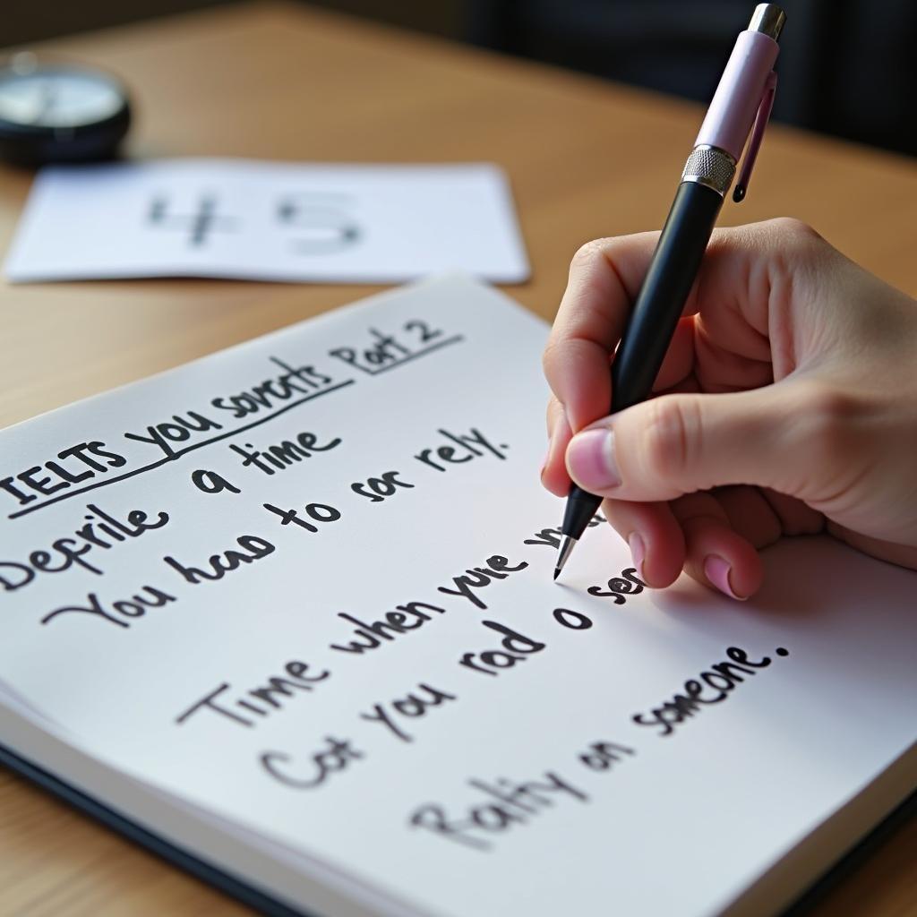 Thí sinh đang chuẩn bị ghi chú cho IELTS Speaking Part 2 về chủ đề rely on someone