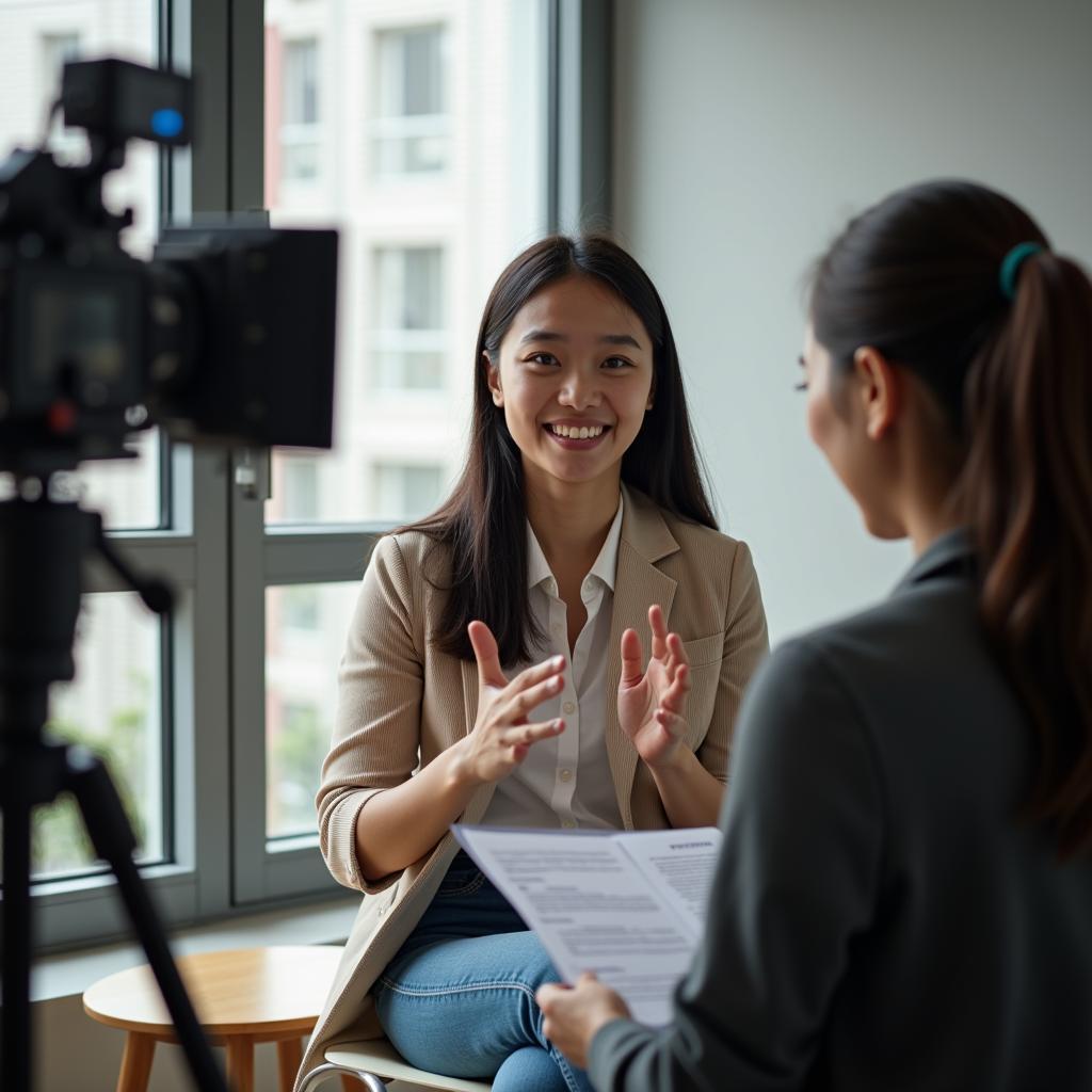 Thí sinh IELTS đang luyện tập phần thi Speaking Part 2 về chủ đề học việc mới trong công việc với giám khảo