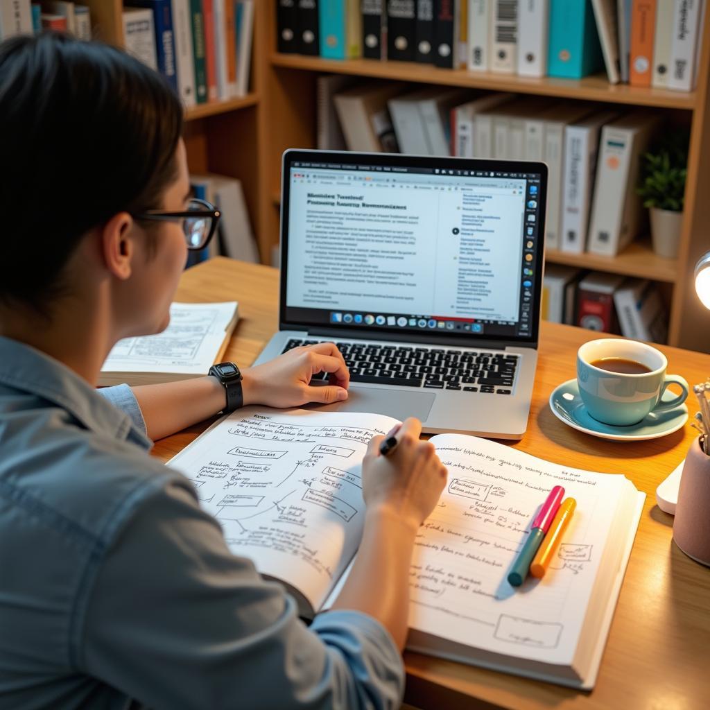 Hình ảnh học viên đang luyện tập viết IELTS Writing Task 2 về chủ đề môi trường và công nghiệp hóa