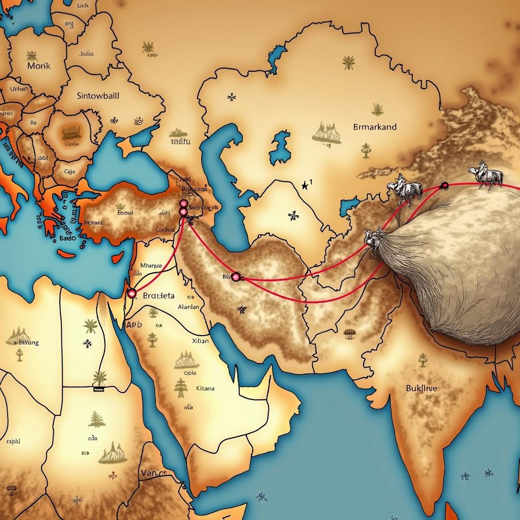 Bản đồ minh họa tuyến đường Con đường Tơ lụa cổ đại kết nối Á Âu