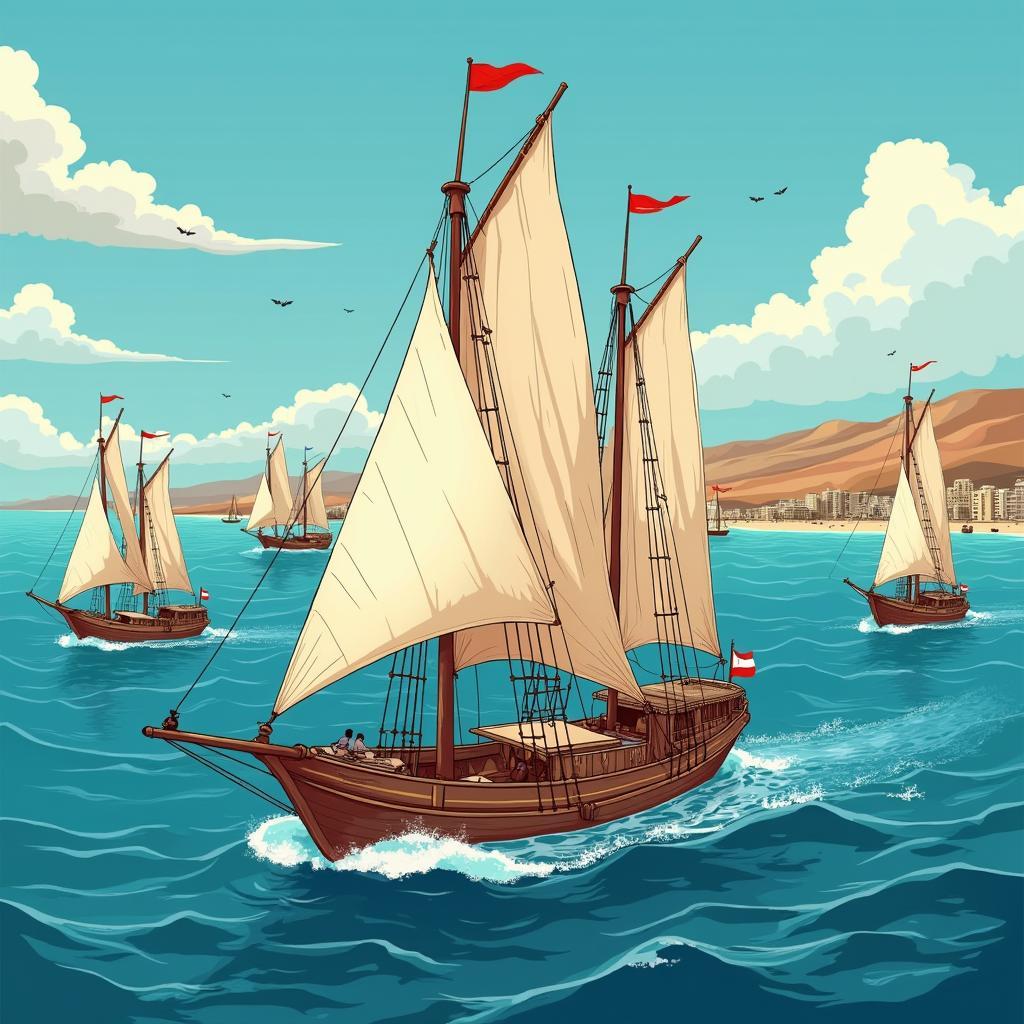 Minh họa tàu thuyền và tuyến thương mại trên Ấn Độ Dương thời cổ đại