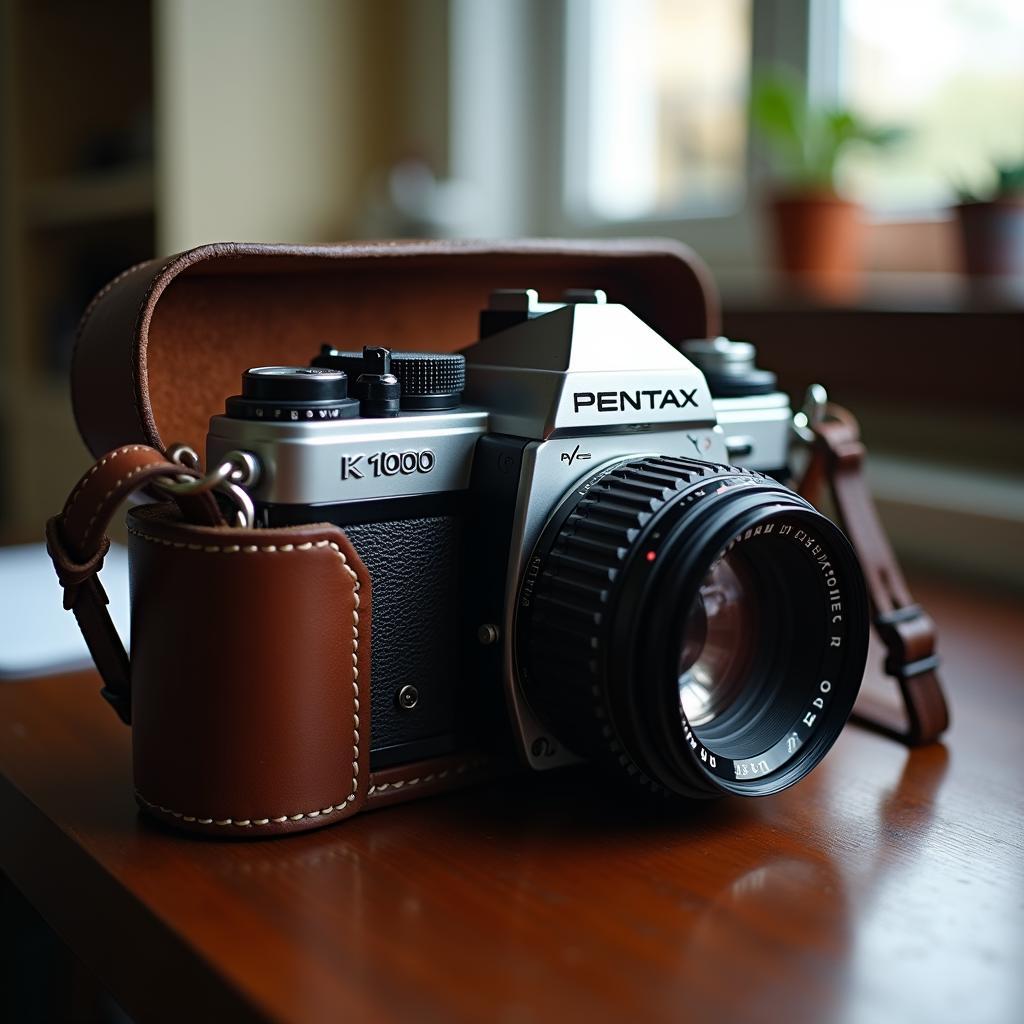 Máy ảnh film vintage Pentax K1000 trong hộp da cổ điển với ống kính manual