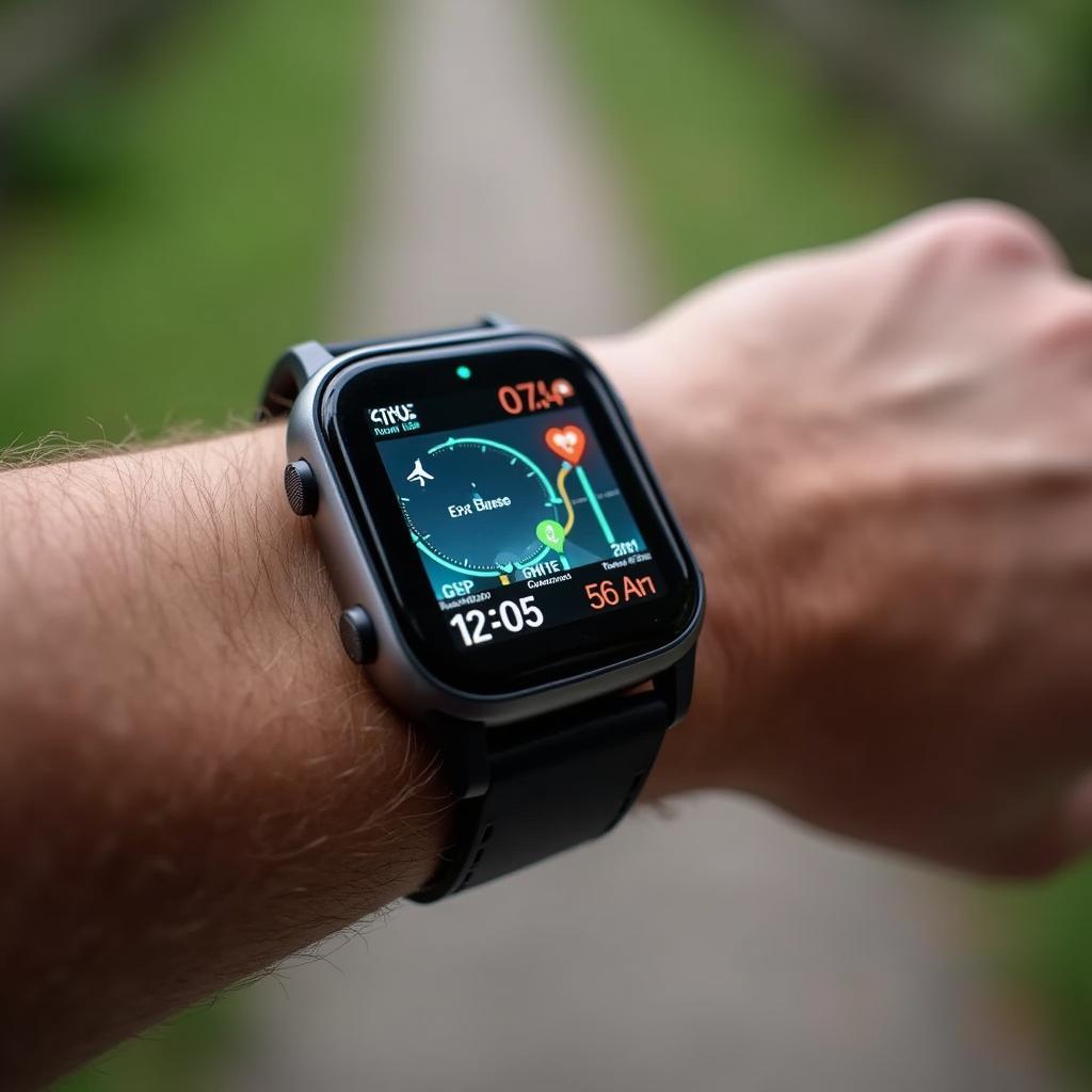 Máy theo dõi sức khỏe đeo tay hiện đại với màn hình AMOLED và tính năng GPS tích hợp giúp người dùng theo dõi tập luyện