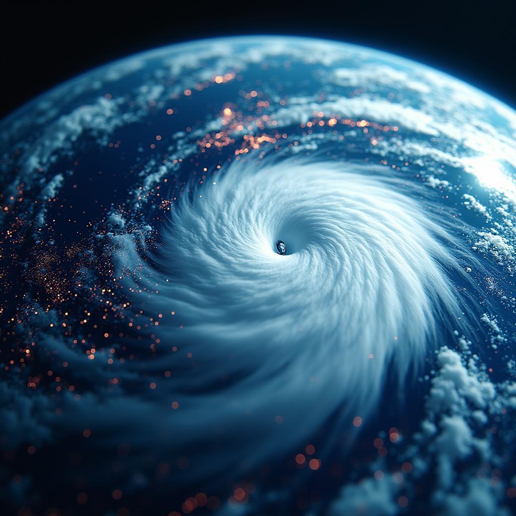 Mô hình AI cao cấp mô phỏng một sự kiện thời tiết cực đoan như bão nhiệt đới trên màn hình.