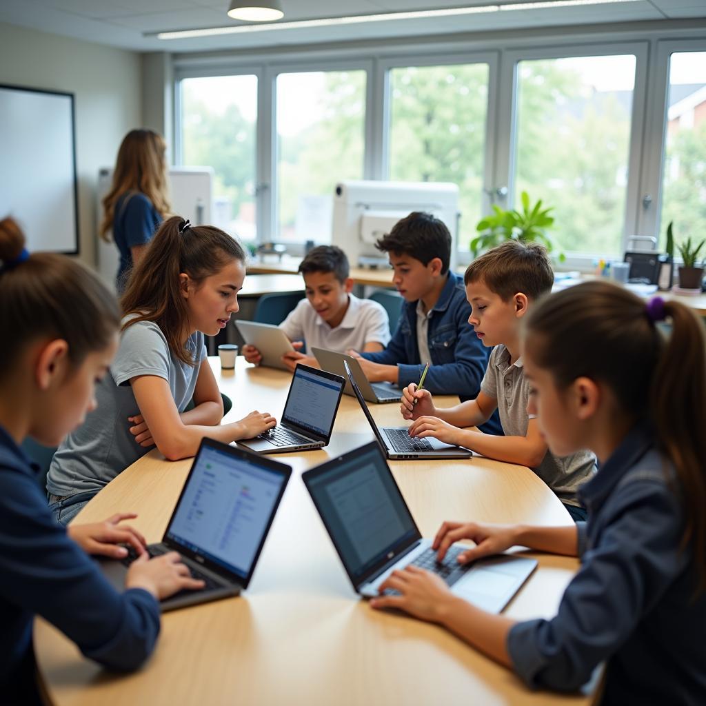 Học sinh sử dụng công nghệ trong môi trường học tập cá nhân hóa hiện đại với máy tính bảng và giáo viên hỗ trợ