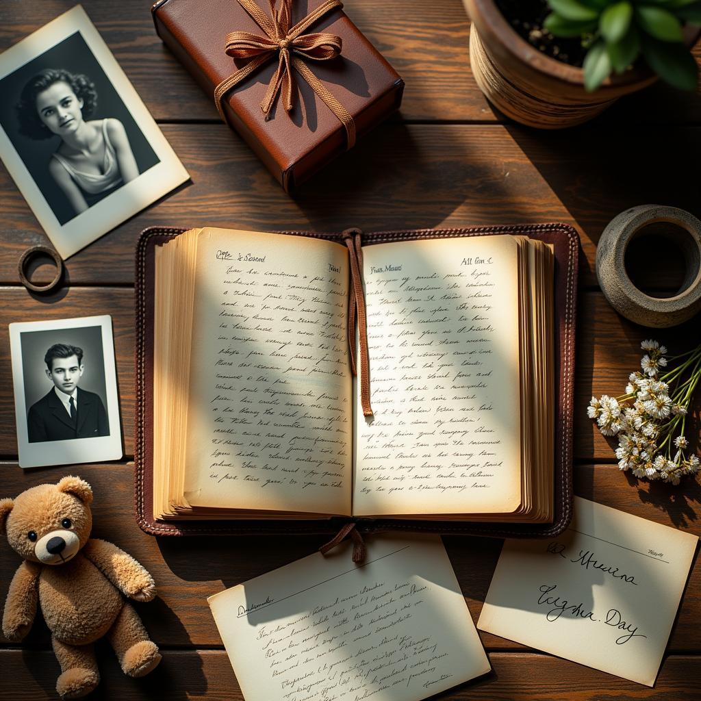 Hình ảnh biểu tượng món quà ý nghĩa với sổ tay cũ, ảnh gia đình và vật kỷ niệm