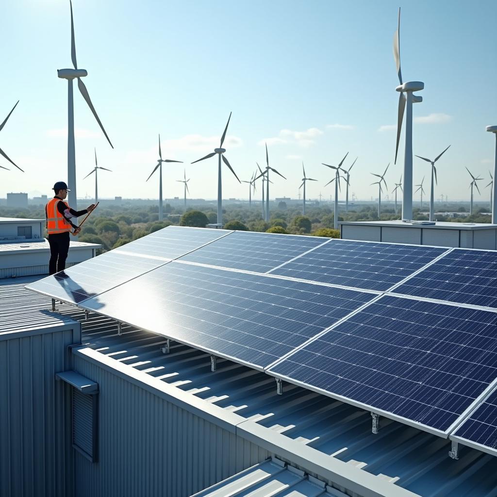 Nhà máy sản xuất hiện đại sử dụng năng lượng tái tạo với tấm pin mặt trời và turbine gió