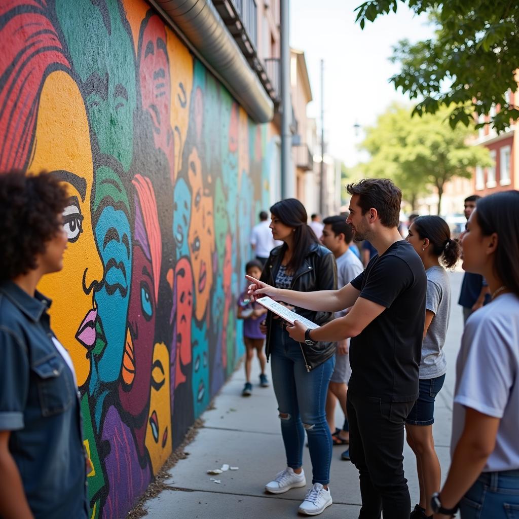 Dự án nghệ thuật công cộng với cộng đồng tham gia học tập và tương tác trước tác phẩm nghệ thuật đường phố
