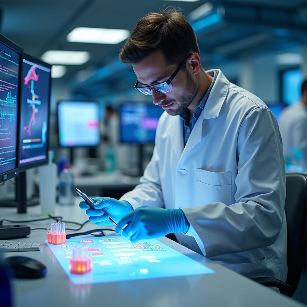 Nhà nghiên cứu đang tiến hành thí nghiệm chỉnh sửa gen CRISPR trong phòng thí nghiệm hiện đại với thiết bị công nghệ cao