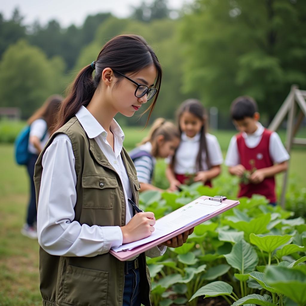 Nhà nghiên cứu đang thu thập dữ liệu về sự phát triển của học sinh trong chương trình làm vườn trường học