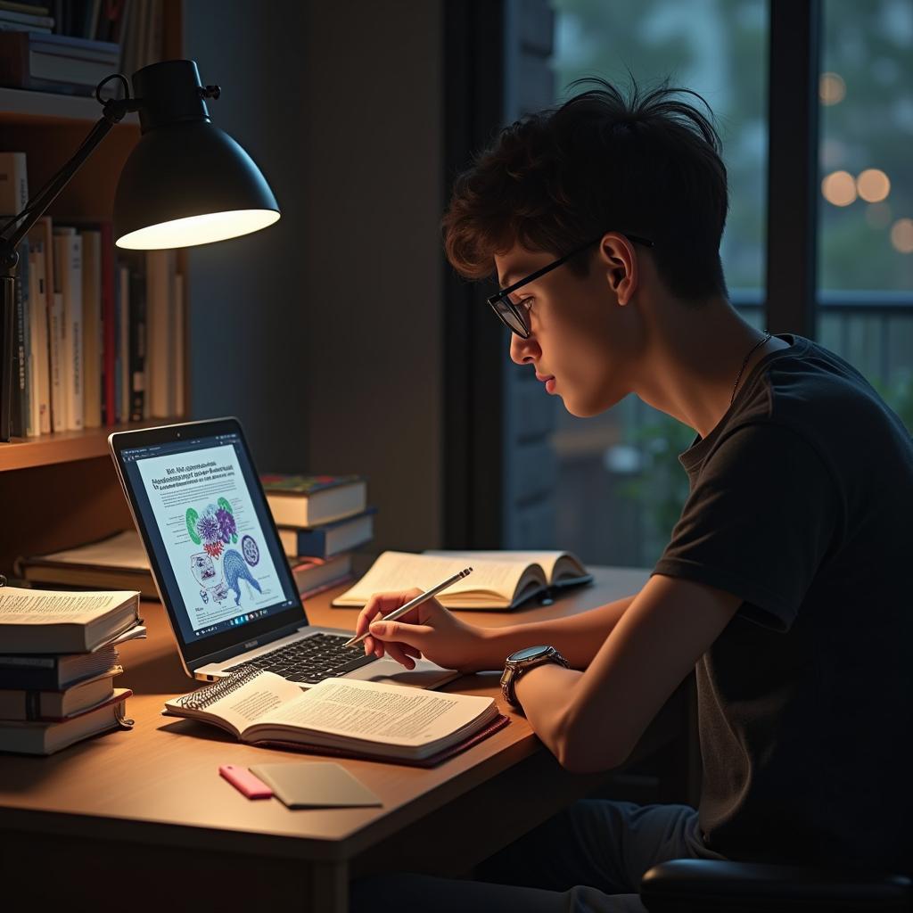 Sinh viên nghiên cứu tài liệu khoa học về vi sinh vật trên máy tính