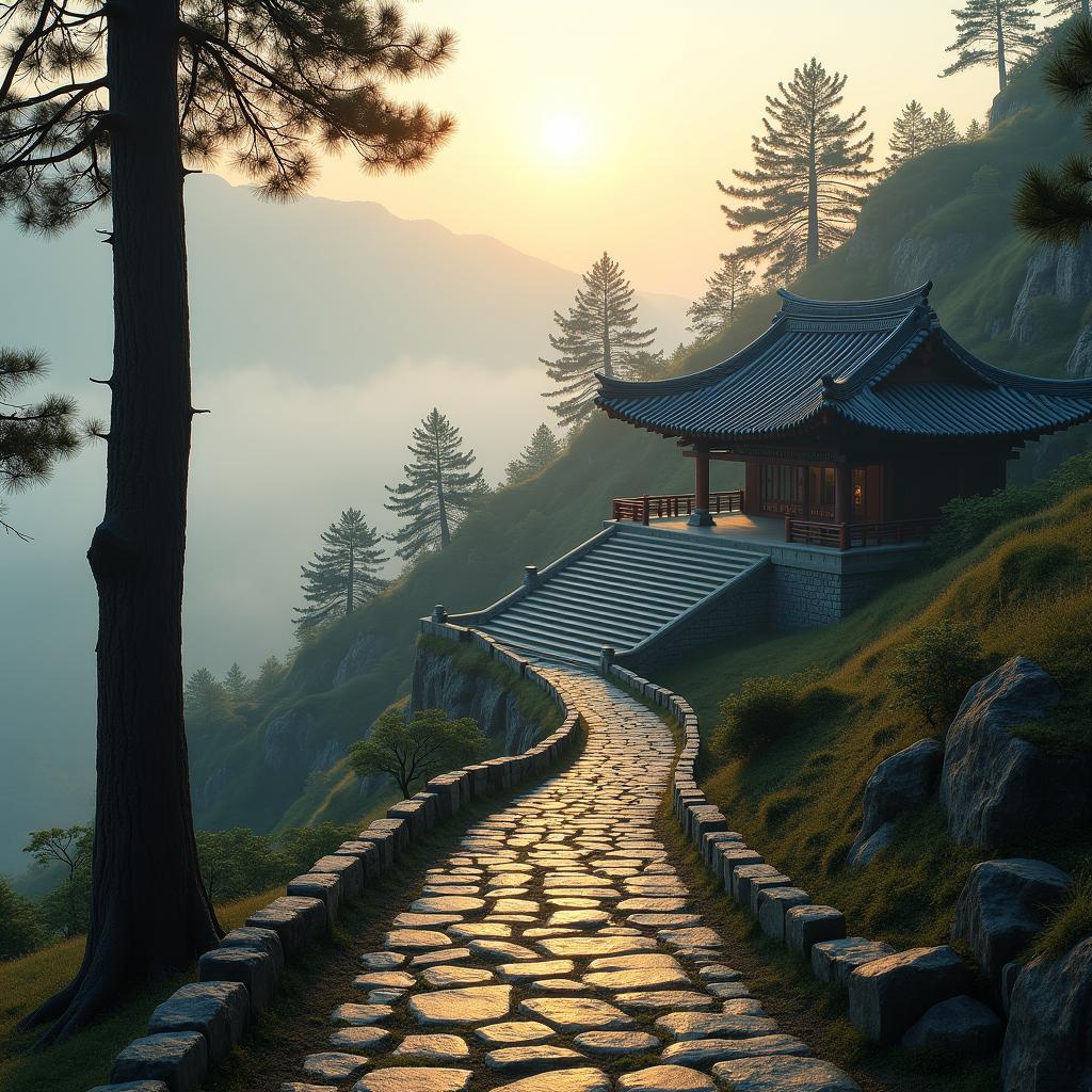 Ngôi đền cổ kính trên núi với không gian thiền định yên bình minh họa địa điểm lý tưởng để tìm kiếm sự thanh thản trong bài thi IELTS Speaking