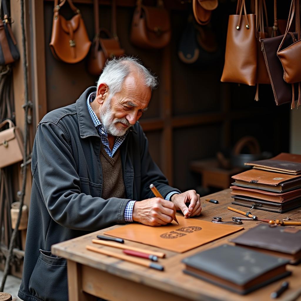 Người thợ thủ công đang làm việc tại quầy hàng chợ trời với sản phẩm da thủ công trong IELTS Speaking