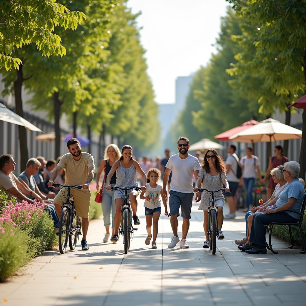 Người dân đi bộ và đạp xe tại khu vực cấm xe ô tô với không khí trong lành