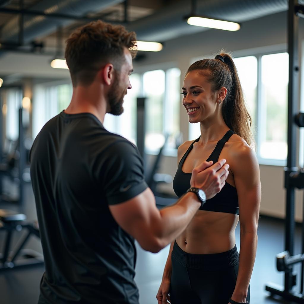 Người đang tập luyện thể thao với huấn luyện viên động viên tại phòng gym hiện đại với các thiết bị tập luyện chuyên nghiệp