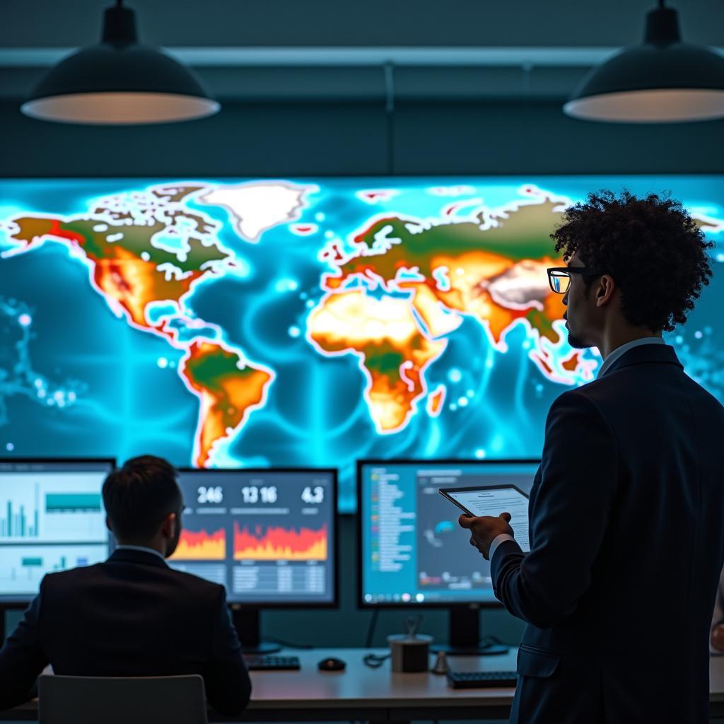 Nhà nghiên cứu phân tích bản đồ dữ liệu biến đổi khí hậu và các khu vực rủi ro cao
