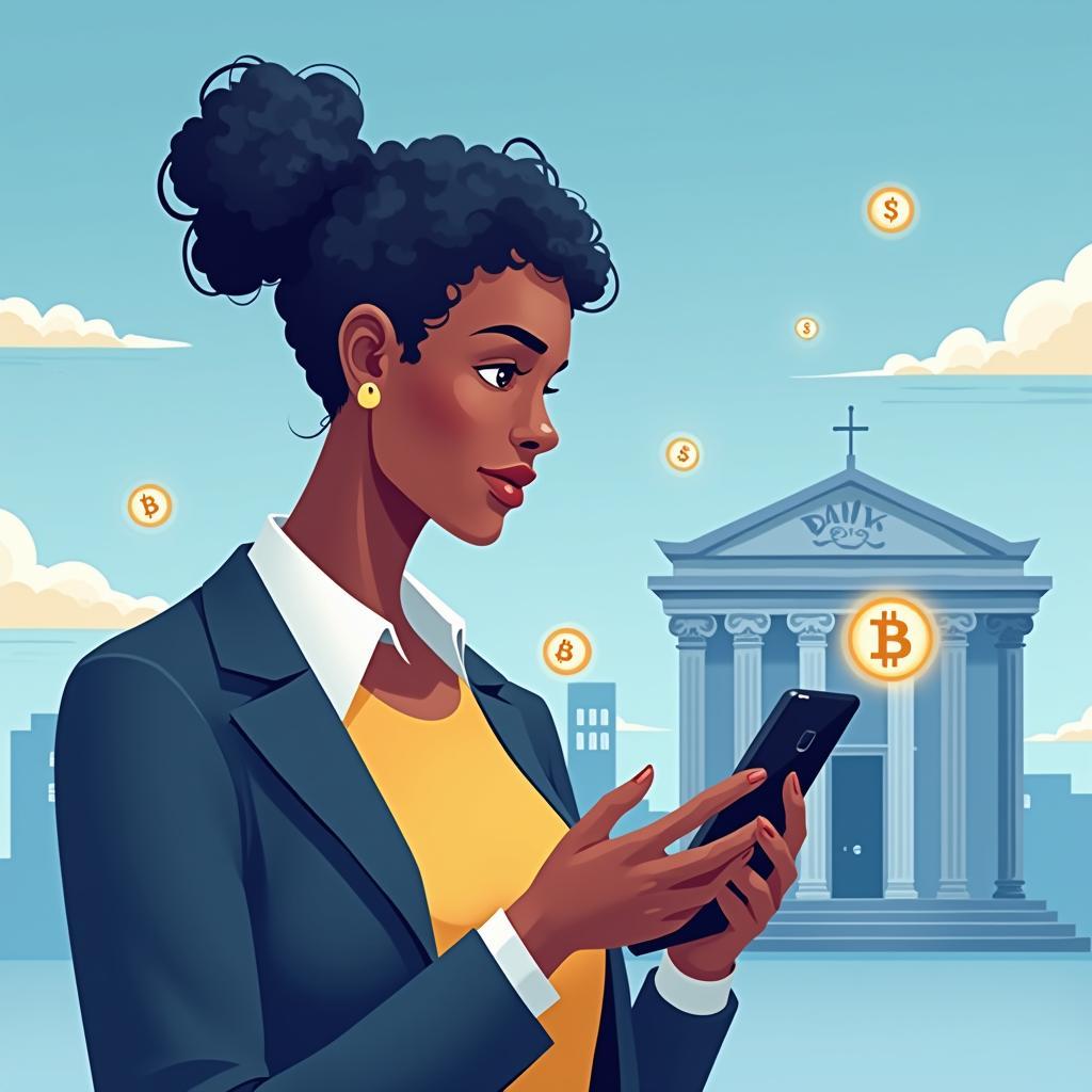 Người dùng smartphone thực hiện giao dịch tiền điện tử Bitcoin trong bối cảnh ngân hàng số hiện đại