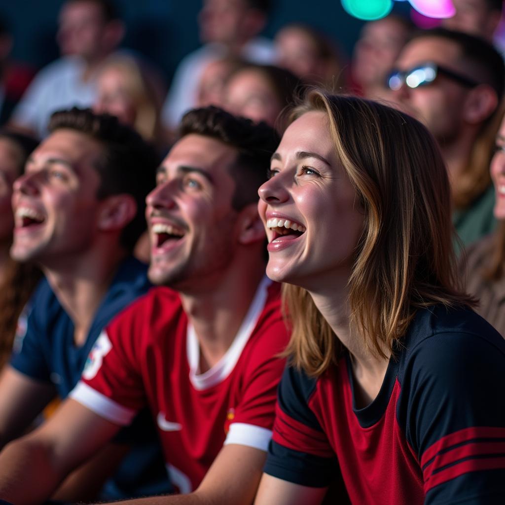 Nhóm người hâm mộ đa dạng cùng xem trận đấu thể thao và ăn mừng tạo không khí đoàn kết cộng đồng