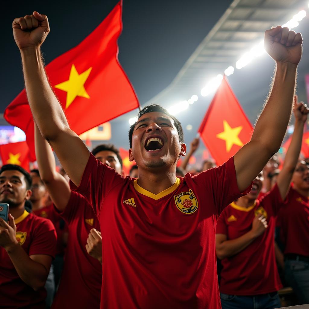 Người hâm mộ Việt Nam xem trận chung kết bóng đá tại sân Mỹ Đình với cờ đỏ sao vàng