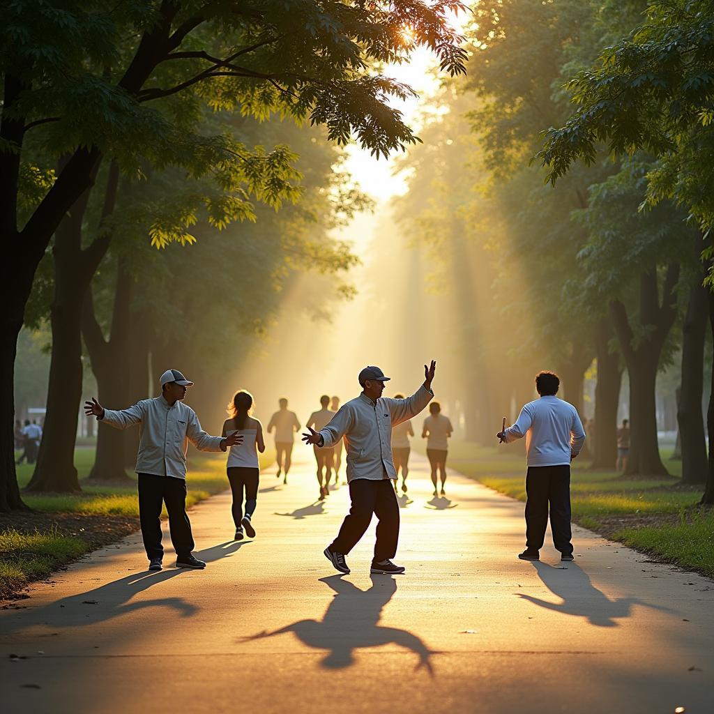 Cảnh người dân tập thể dục tai chi buổi sáng sớm tại công viên minh họa cho bài mẫu IELTS Speaking band cao