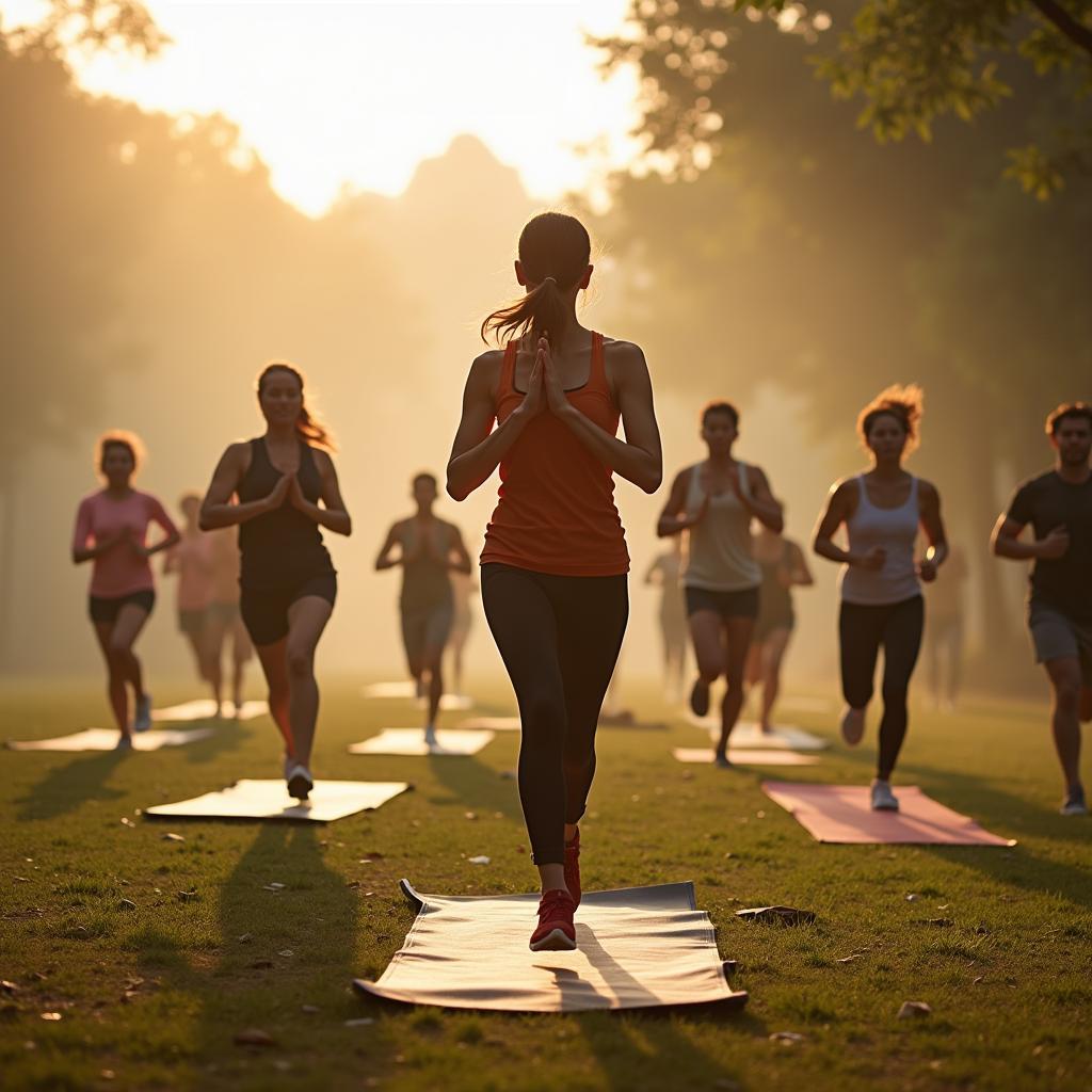 Nhóm người trẻ tập thể dục và yoga ngoài trời tại công viên vào buổi sáng