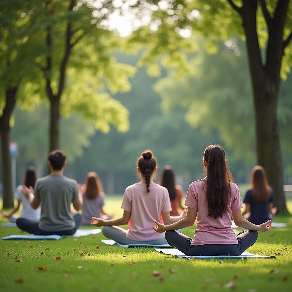 Người trẻ thực hành thiền và yoga tại công viên công cộng để giảm stress