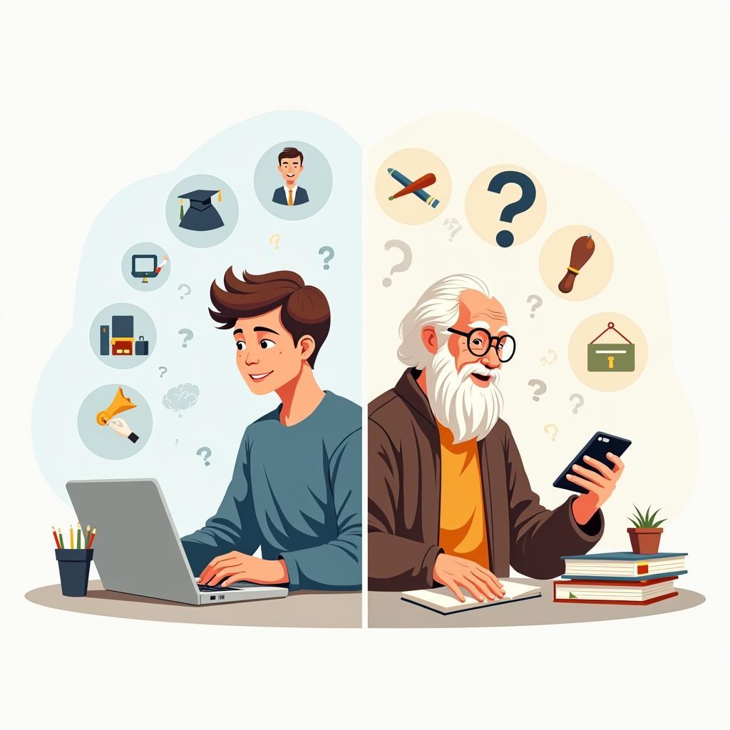 Hình ảnh minh họa sự khác biệt giữa người trẻ và người già trong cách giải quyết vấn đề với nguồn lực hạn chế trong IELTS Speaking