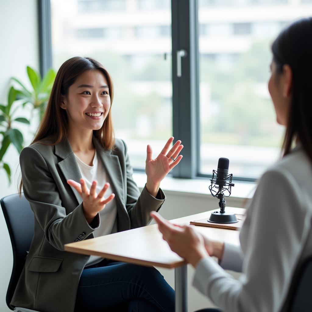 Học viên IELTS đang trả lời câu hỏi về người truyền cảm hứng trong Part 1 với giám khảo