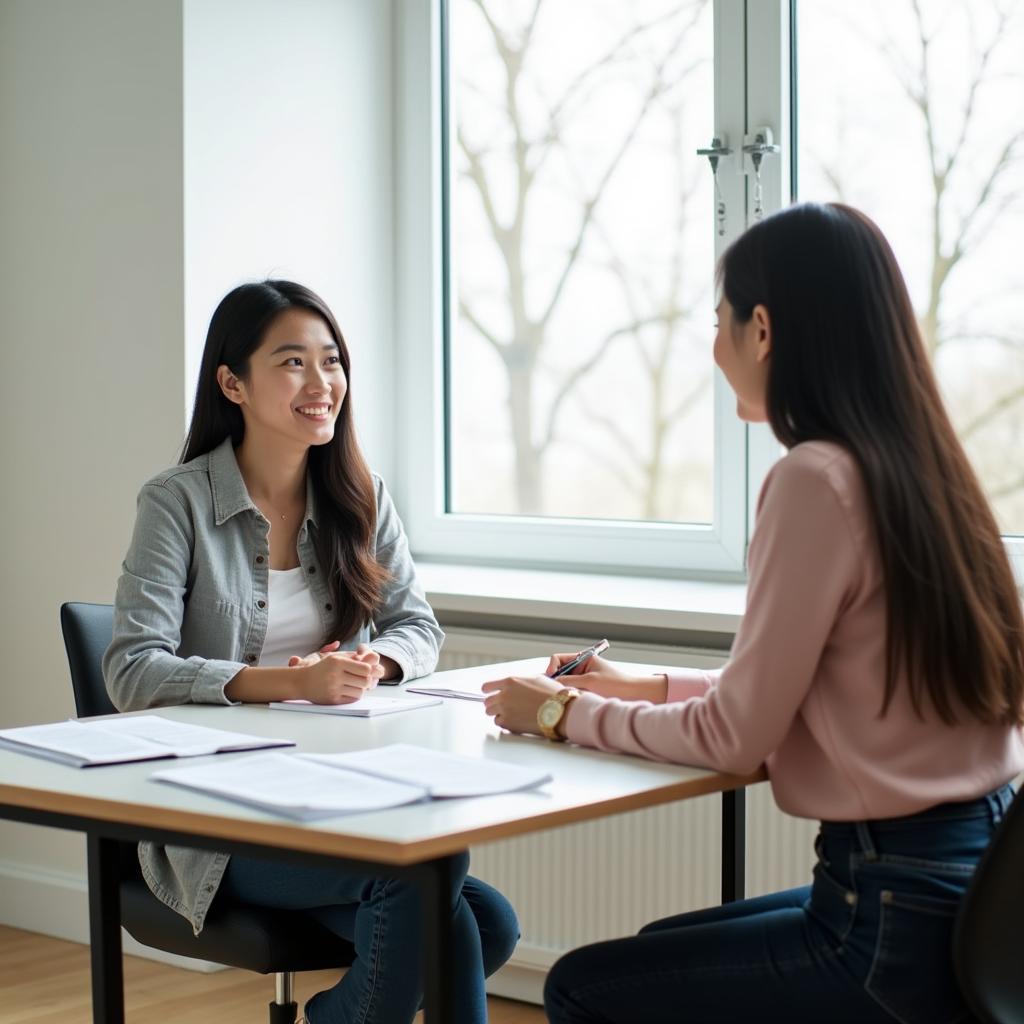 Học viên thực hành trả lời câu hỏi IELTS Speaking Part 1 về chủ đề người truyền cảm hứng với examiner trong phòng thi