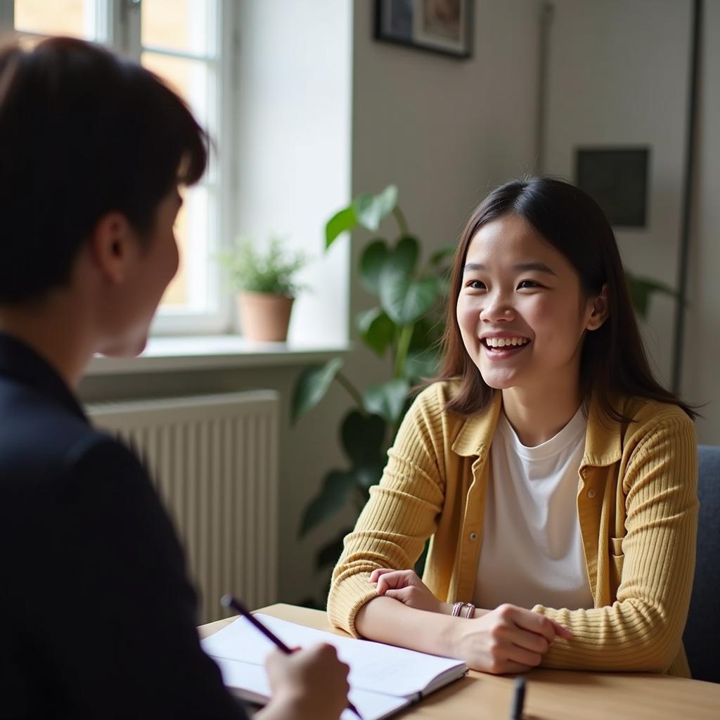 Học viên tự tin trả lời câu hỏi IELTS Speaking Part 1 về người truyền cảm hứng với examiner