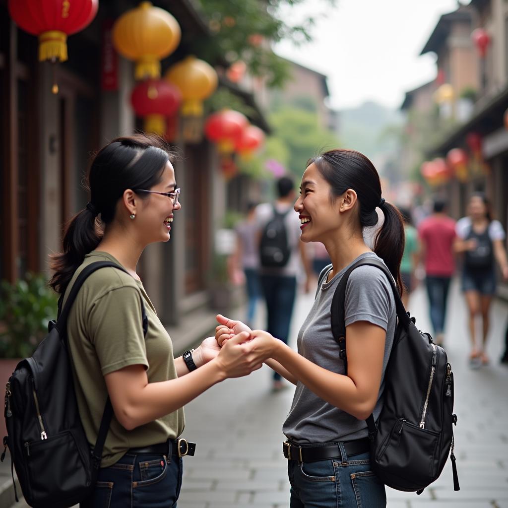 Người Việt Nam thân thiện giúp đỡ khách du lịch nước ngoài tại phố cổ Hà Nội thể hiện văn hóa hiếu khách