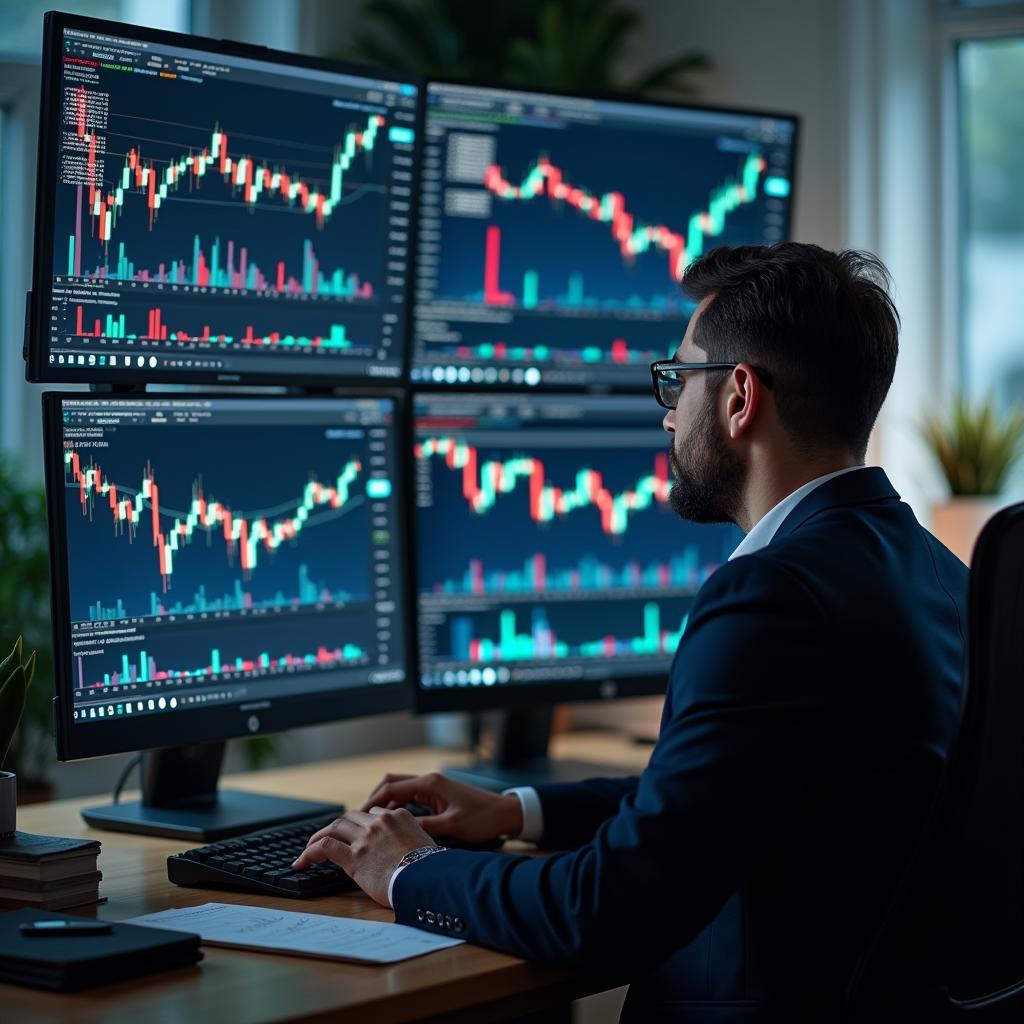 Nhà đầu tư cryptocurrency chuyên nghiệp đang phân tích biểu đồ giá phức tạp trên nhiều màn hình.