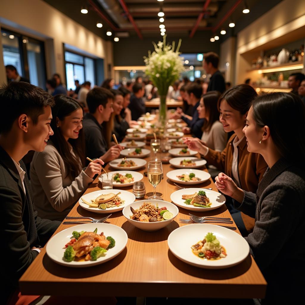 Nhóm bạn trẻ thưởng thức món ăn fusion tại nhà hàng hiện đại
