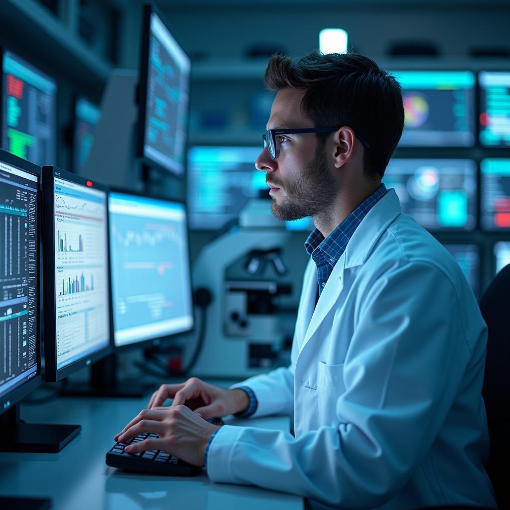 Nhà khoa học phân tích dữ liệu di truyền và kết quả xét nghiệm gen trong phòng thí nghiệm hiện đại