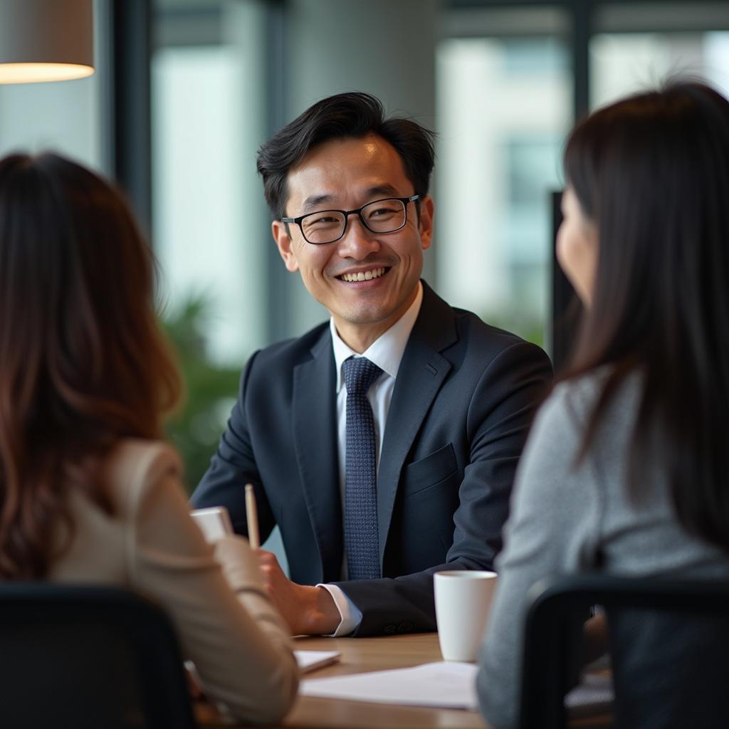 Một nhà lãnh đạo đang truyền cảm hứng và tương tác với đội ngũ nhân viên trong môi trường làm việc chuyên nghiệp