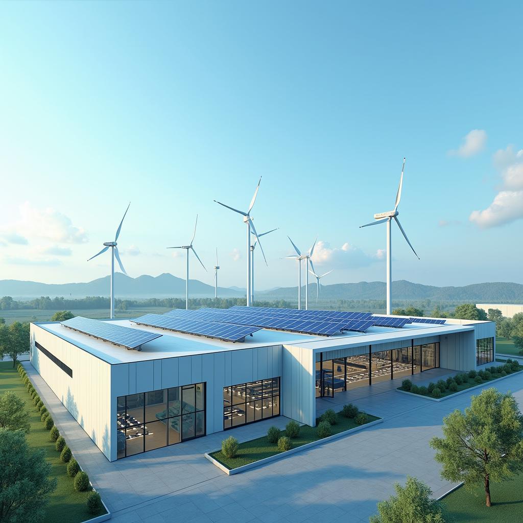 Nhà máy sản xuất hiện đại ứng dụng công nghệ xanh với pin mặt trời và turbine gió