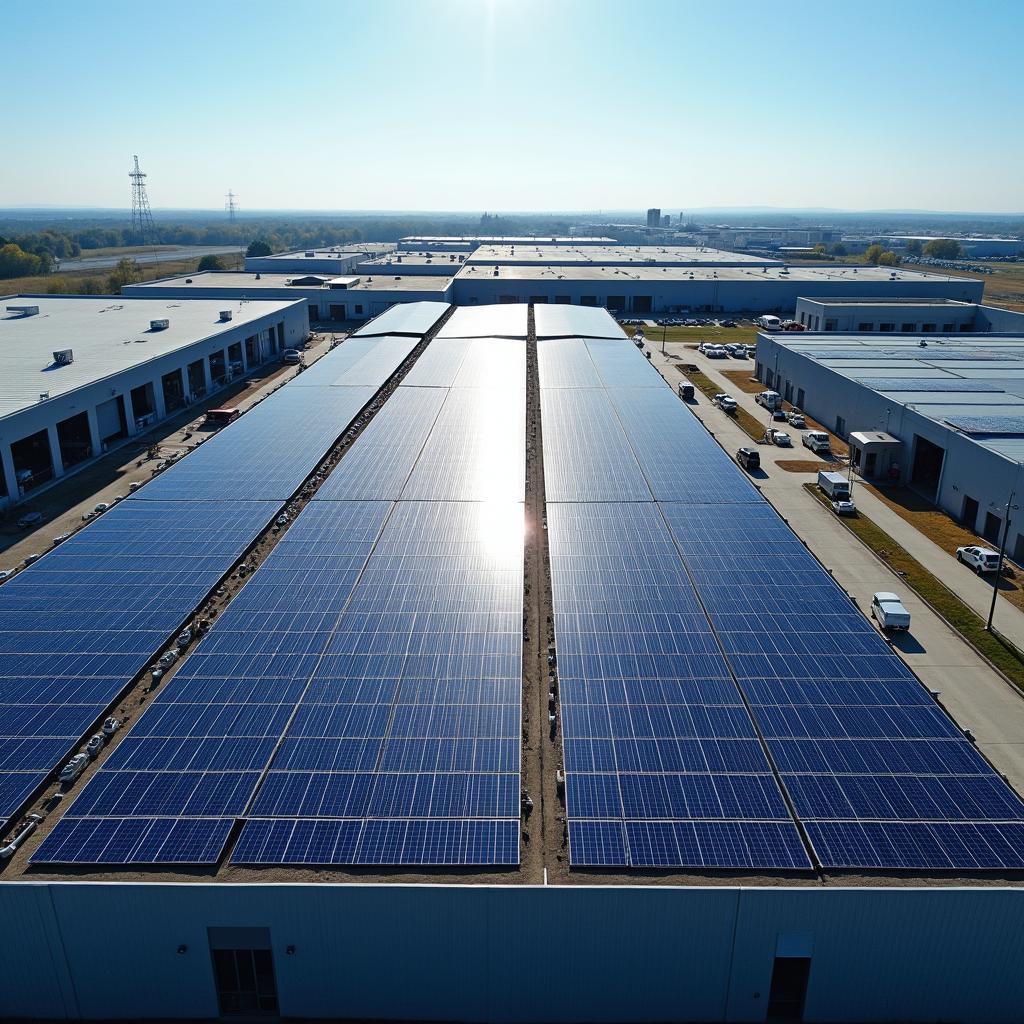 Nhà máy sản xuất với hệ thống pin mặt trời công suất lớn trên mái nhà