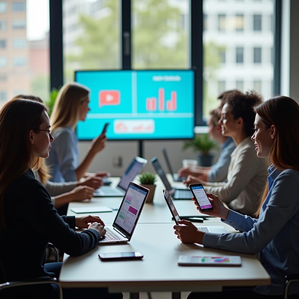 Nhân viên văn phòng chia sẻ hoạt động trách nhiệm xã hội của doanh nghiệp trên các nền tảng mạng xã hội hiện đại