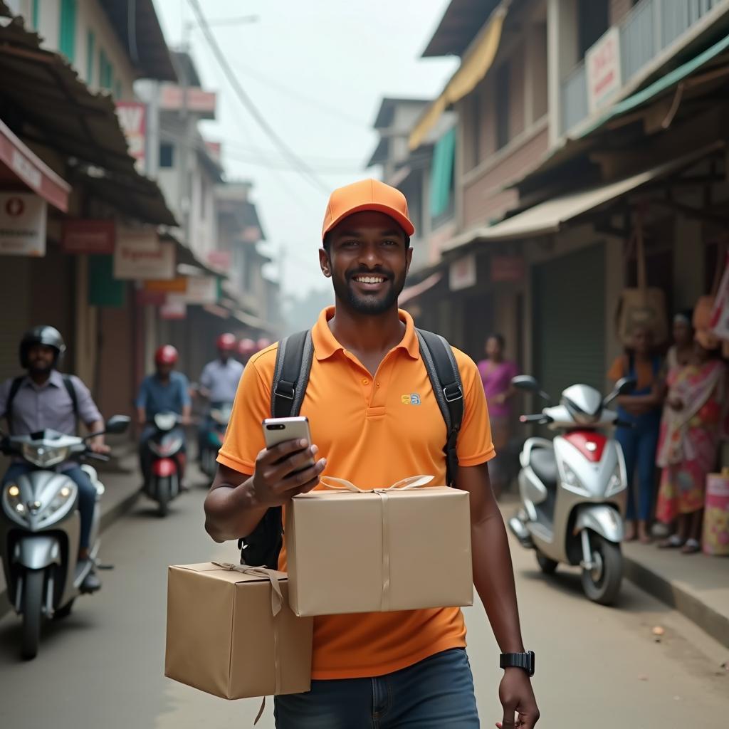 Nhân viên giao hàng đang làm việc tại thị trường mới nổi với smartphone