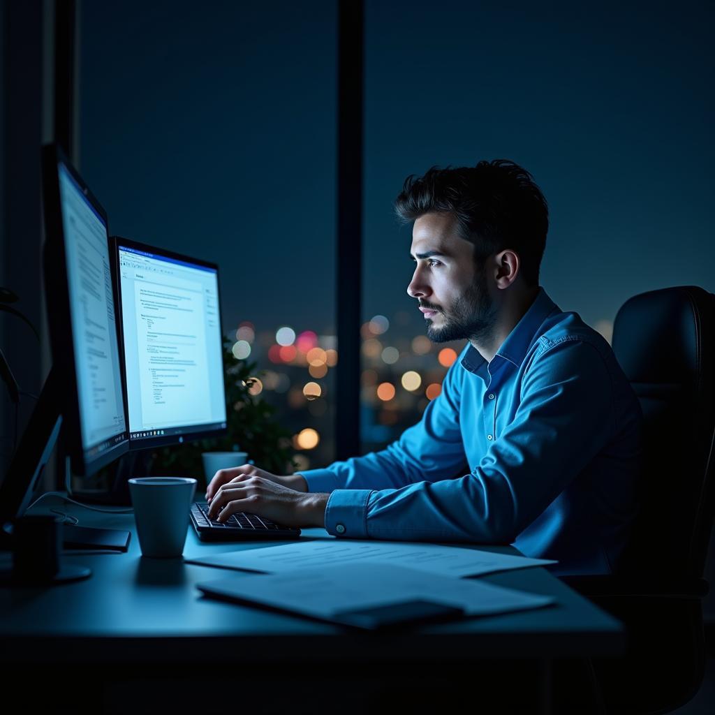 Nhân viên làm việc xuyên đêm tại văn phòng với ánh đèn mờ và tài liệu công việc đầy bàn