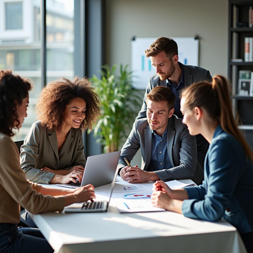 Nhân viên làm việc nhóm để giải quyết nhiệm vụ khó khăn trong môi trường văn phòng hiện đại