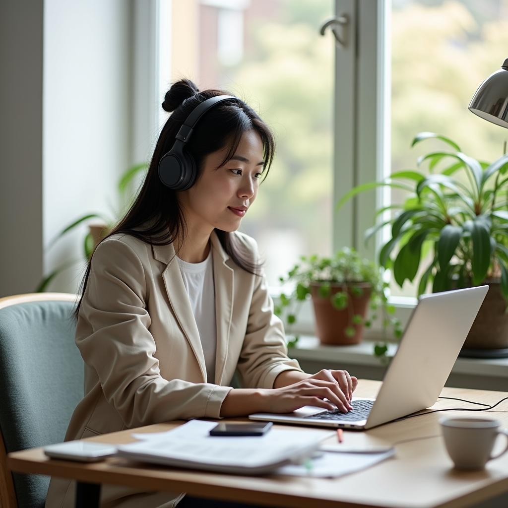 Nhân viên làm việc tại nhà với công nghệ hiện đại minh họa cho bài viết IELTS về work-life balance