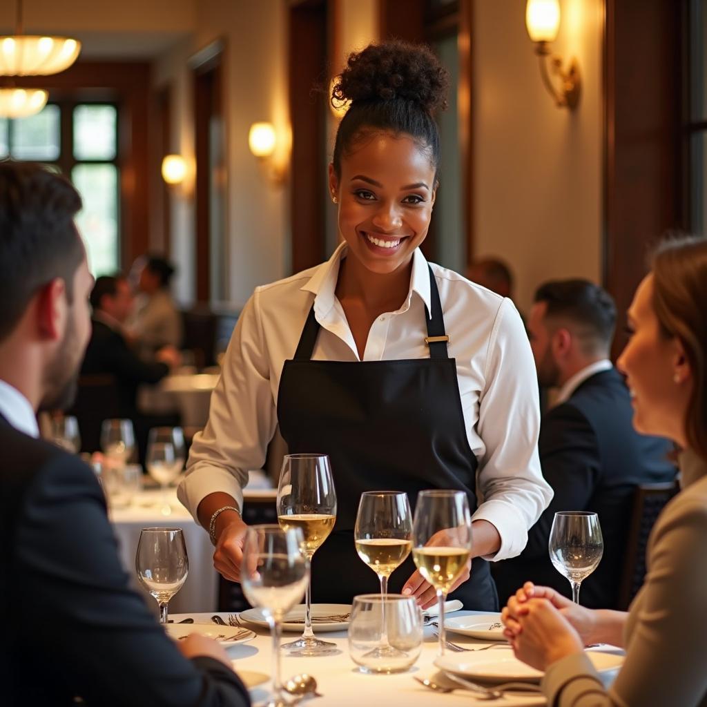 Nhân viên phục vụ nhà hàng chuyên nghiệp với thái độ thân thiện đang phục vụ khách hàng chu đáo