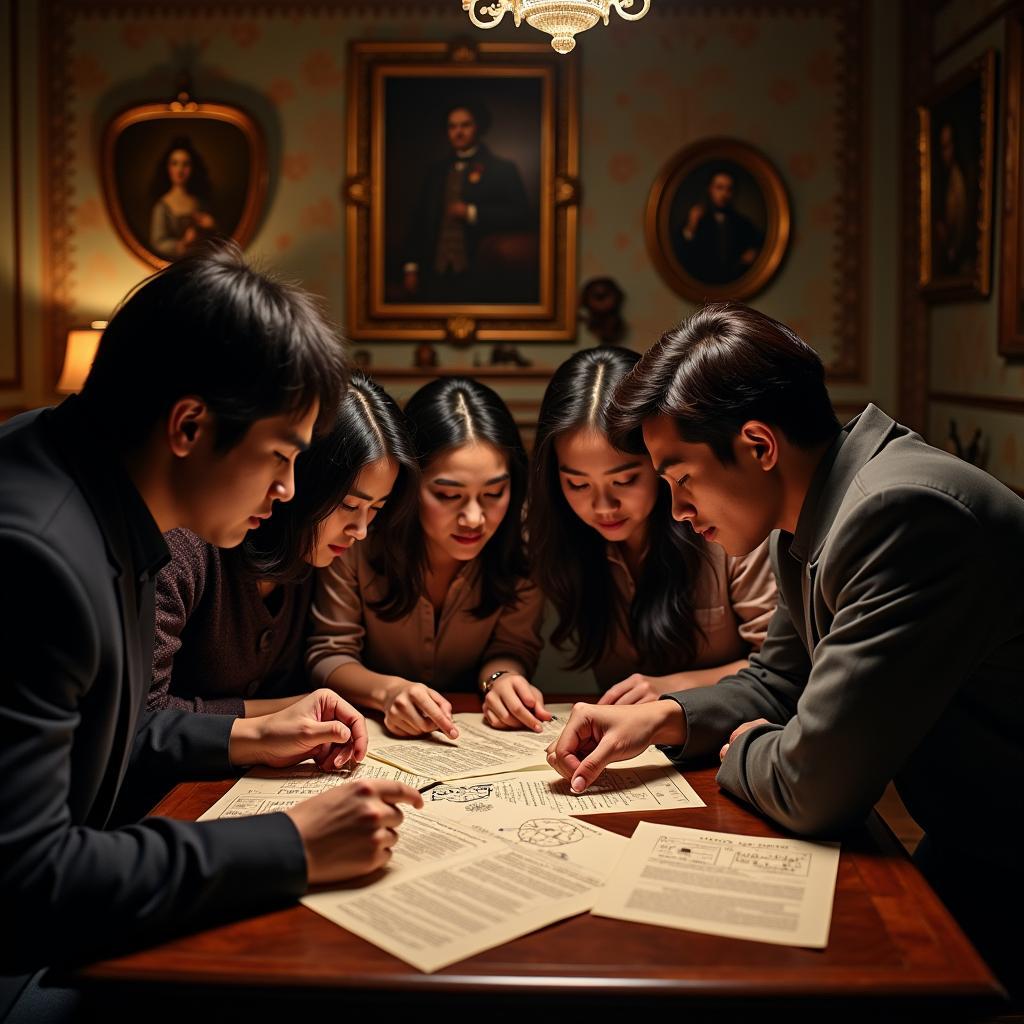 Nhóm bạn trẻ đang chơi escape room game giải đố thử thách trong phòng cổ điển