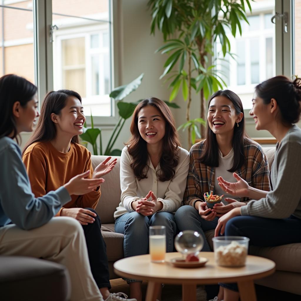 Nhóm bạn bè đa văn hóa cùng chia sẻ câu chuyện trong IELTS Speaking về tình bạn