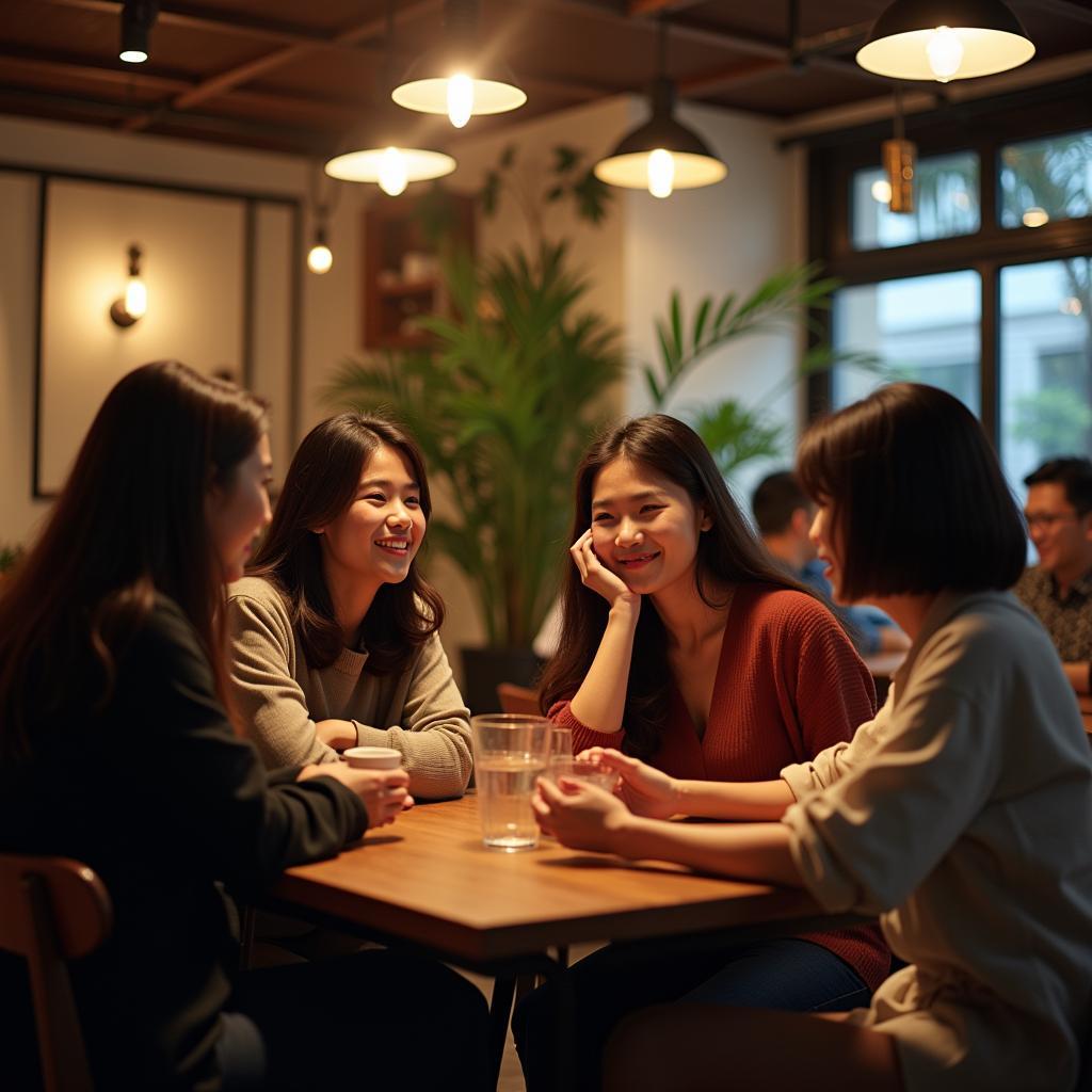 Nhóm bạn trẻ trao đổi chân thành trong không gian ấm cúng với chủ đề IELTS Speaking Part 3