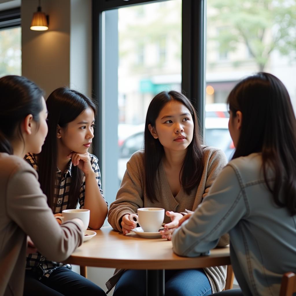 Nhóm bạn trẻ Việt Nam đang trao đổi về những quyết định khó khăn trong cuộc sống